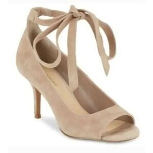 Saks Fifth Ave Clara Tan Suede Peep Toe‎ Ankle Wrap Heels Sz. 10